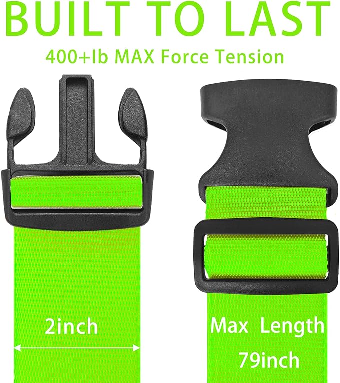BILIONE Luggage Straps Belts TSA Approved Keep Suitcase Secure While Traveling, 79" Long Add a Bag Premium Accessory for Travel Bag Closure, 2 Pack Green