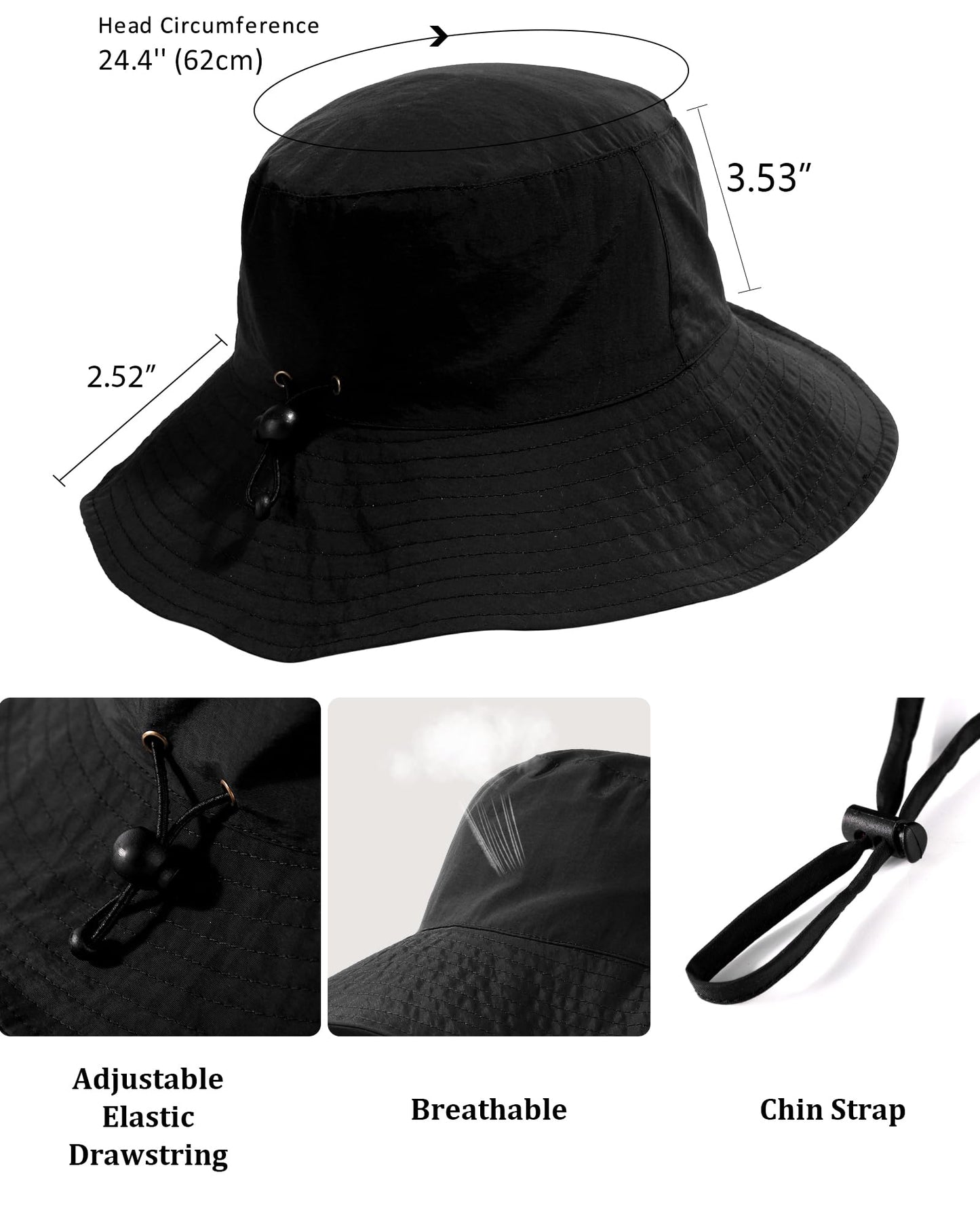 Waterproof Sun UPF 50+ Bucket Hat UV Protection Packable Brimmed Boonie for Women Men Summer Lightweight Hiking Outdoor Cap Black