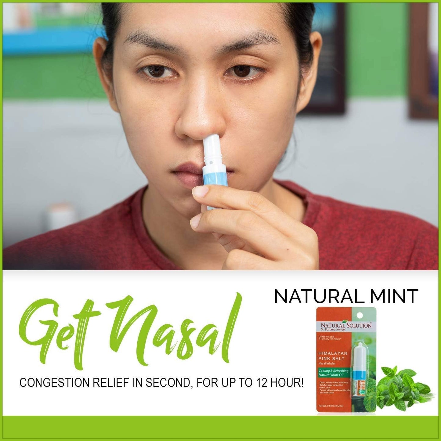 Natural Solution Salt Nasal Inhaler, Aromatherapy with Organic Mint Oil, Congestion, Refreshing and Relaxing Sinus Pressure Relief, 0.068oz | Pack of 3