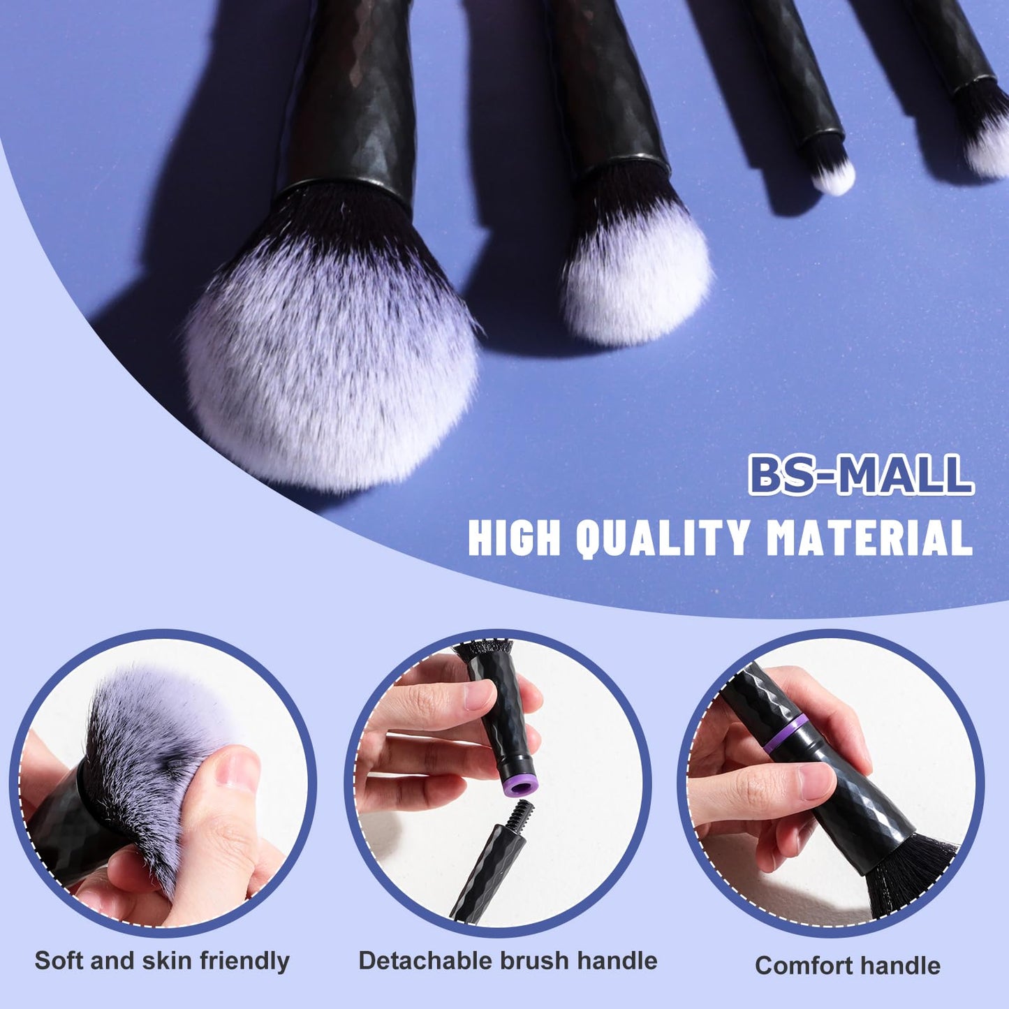 BS-MALL Travel Makeup Brushes – Professional and Durable 16-piece Set Detachable Rotating Handles, Eco-Friendly Design, Comes with Storage Barrel(Black case)