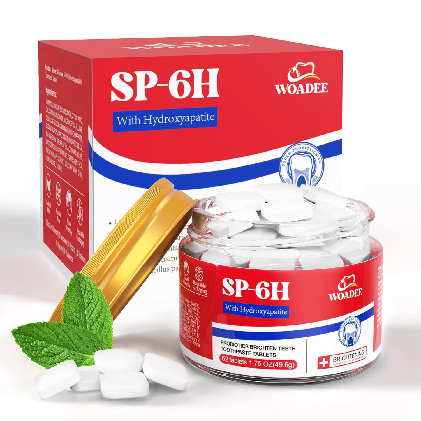 SP-6 Probiotics & Hydroxyapatite Toothpaste Tablets - Remineralizing Enamel Repair, Fluoride-Free Whitening, Mint Fresh Travel Tabs (62 Count)