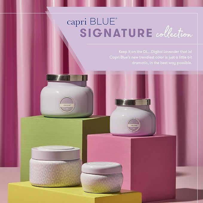 Capri Blue Volcano Scented Mini Tin Jar Candle - Printed Mini Tin Candles for Home Scented with Tropical Fruit & Sugared Citrus - Long Lasting Soy Wax Blend - Lavender Colored (3 oz)