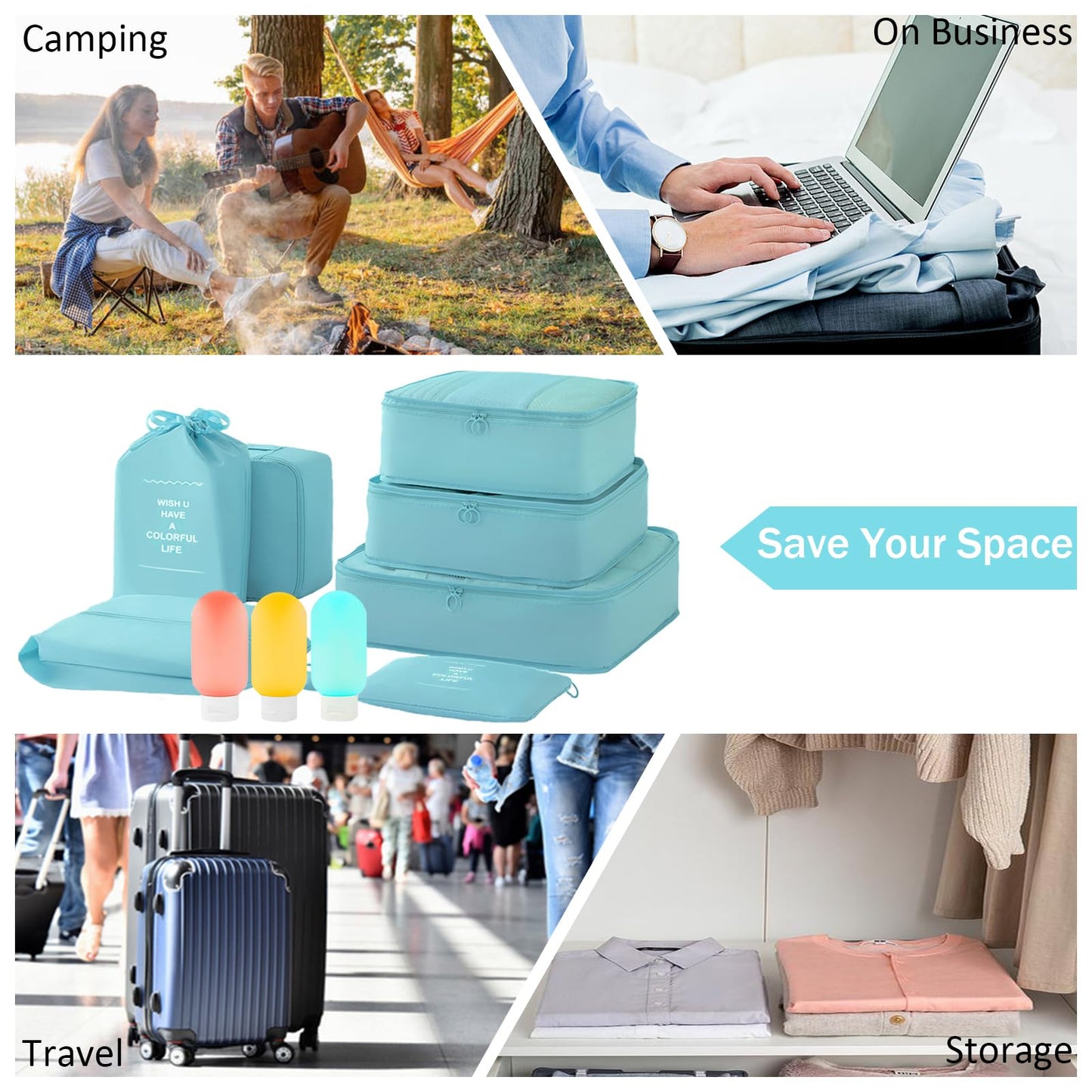 Packing Cubes - 10 Pieces Luggage Sets Waterproof Suitcase Organizer Mesh Packing Bags Clothes Shoes Cosmetics Toiletries Space Saver Storage Bags with Portable Bottles for Travel (Blue)