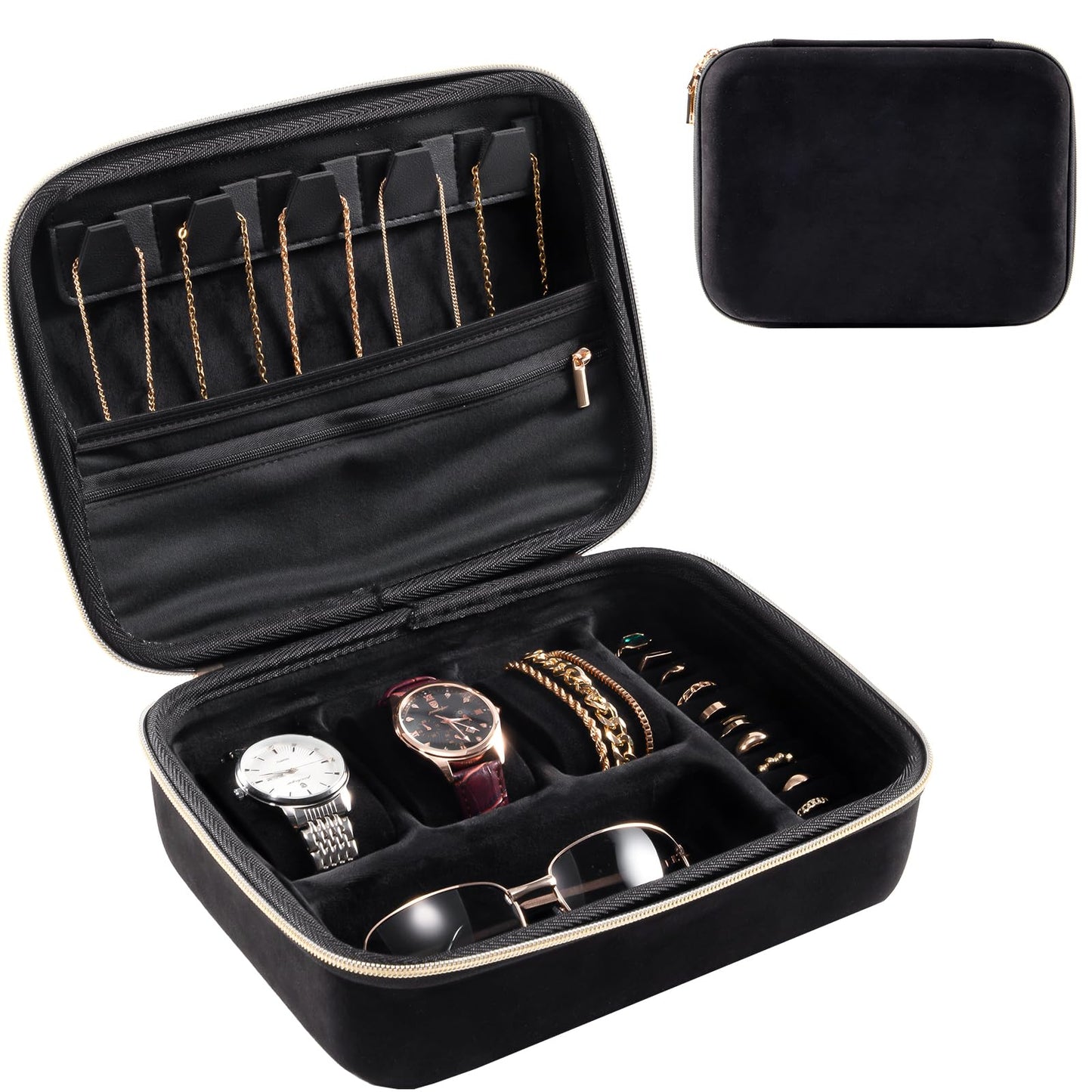ProCase Mens Extra Large Jewelry Storage Case, 3 Slots Travel Watch Accessories Carrying Box, Glasses Necklaces Rings Bracelets Zippered Organizer Bag for Male -Black