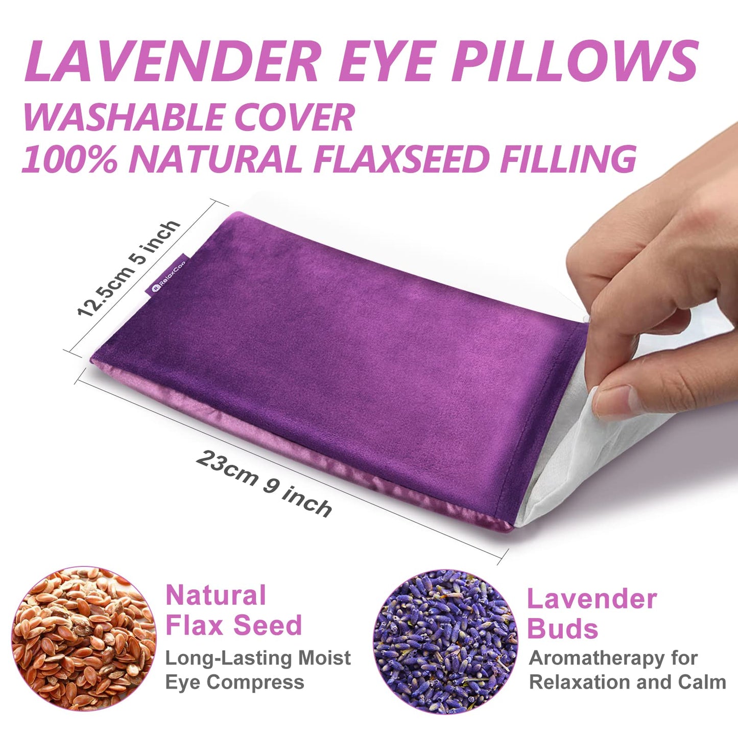 RelaxCoo Lavender Eye Pillow for Relaxation, Yoga, Sleeping, Weighted Eye Mask Heated for Headache, Sinus, Dry Eyes Relief, Moist Heat Eye Compress, Meditation Accessories with Aromatherapy, Pack of 2