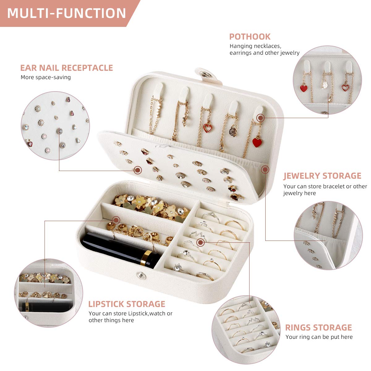 CASEGRACE Jewelry Box For Women Travel Jewelry Organizer Double Layer for Necklace Earring Rings Jewelry Holder Case