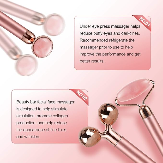 4-in-1 Face Massager and Gua Sha Set for Women, Rose Quartz Face Roller Skin Care Tools Electric Eye Massager Tool for Face Skin Roller