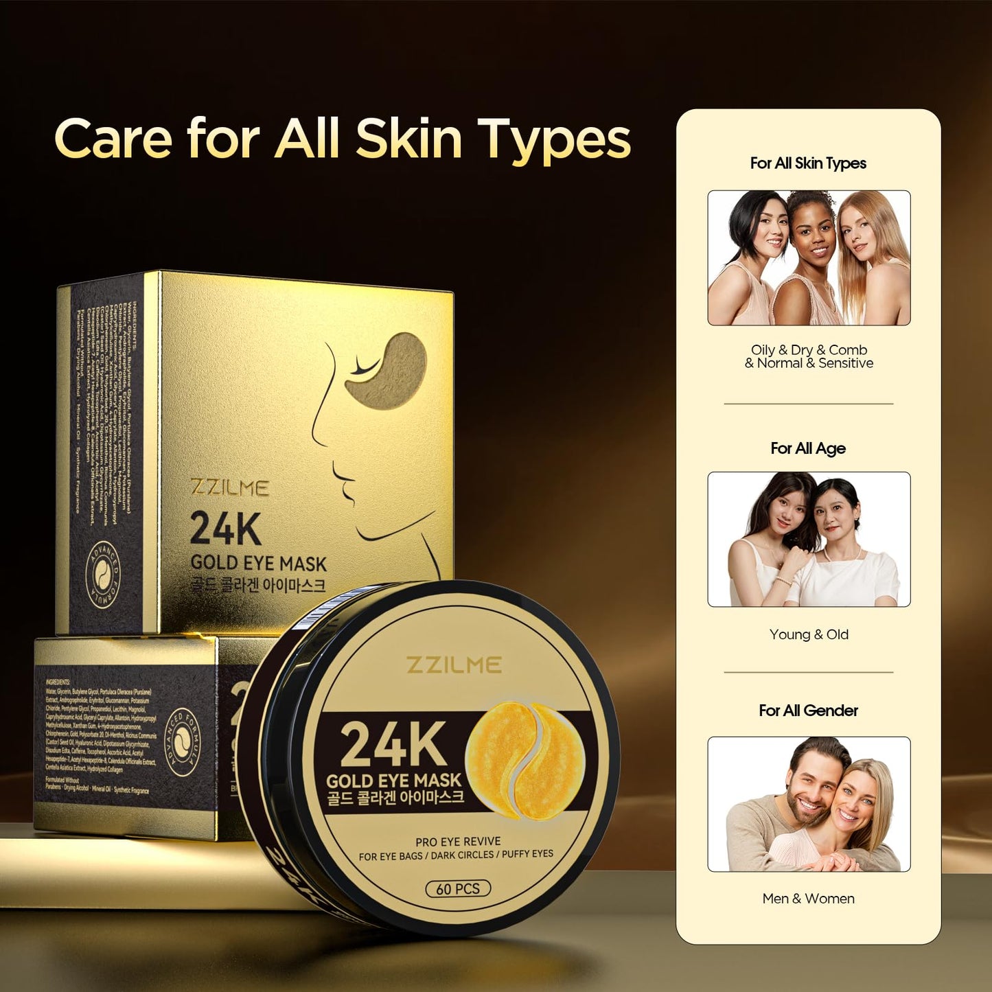 ZZILME 24k Gold Under Eye Patches - Firming, Glowing & Hydrating Hydrogel Mask for Puffy Eyes, Dark Circles, Wrinkles, Eye Bags Treatment, Gifts for Women and Men, 60Pcs Black