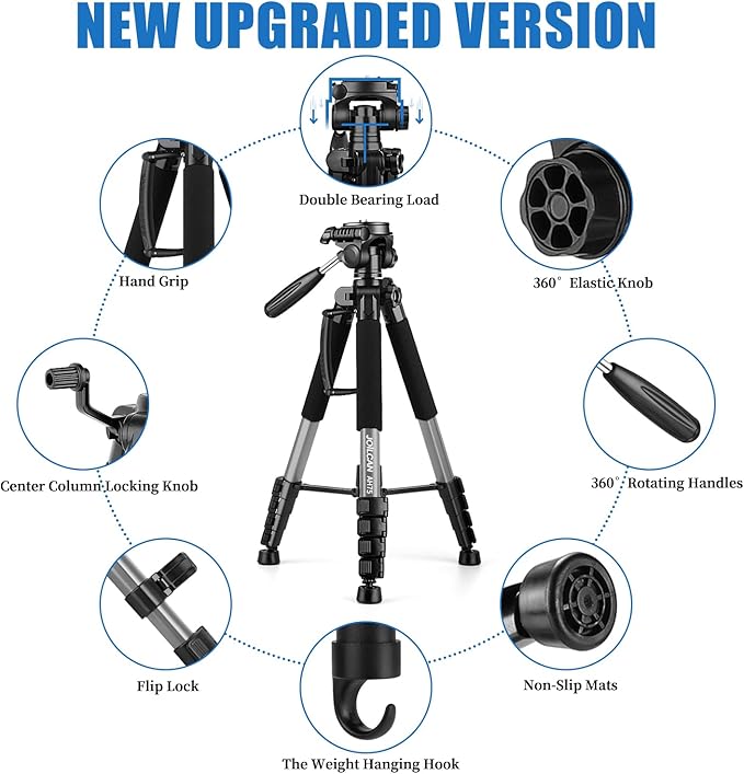 JOILCAN Tripod Camera Tripods, 74" Tripod for Camera Cell Phone, Heavy Duty Tripod Stand, Professional Travel Tripods Compatible with Canon iPhone DSLR, Starry Gray