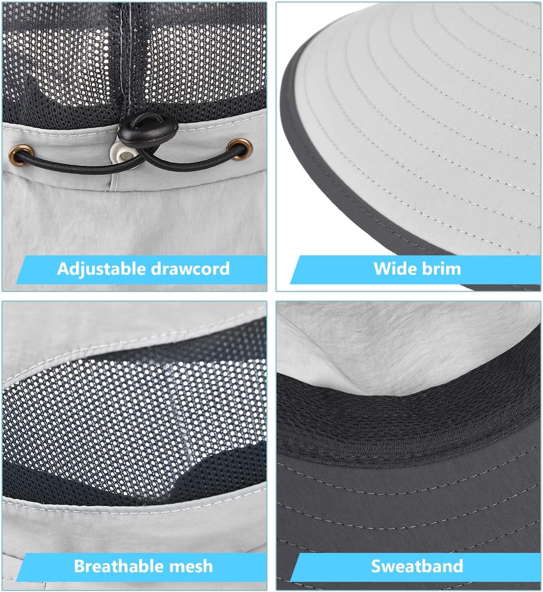 2 Pack Womens Outdoor Wide Brim Sun Hat with Neck Face Flap,UPF 50 Protection Fishing Hiking Garden Work Hats with Ponytail (US, Alpha, One Size, Light Grey & Khaki)