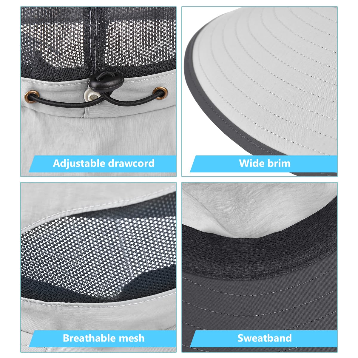 2 Pack Womens Outdoor Wide Brim Sun Hat with Neck Face Flap,UPF 50 Protection Fishing Hiking Garden Work Hats with Ponytail (US, Alpha, One Size, Light Grey & Khaki)