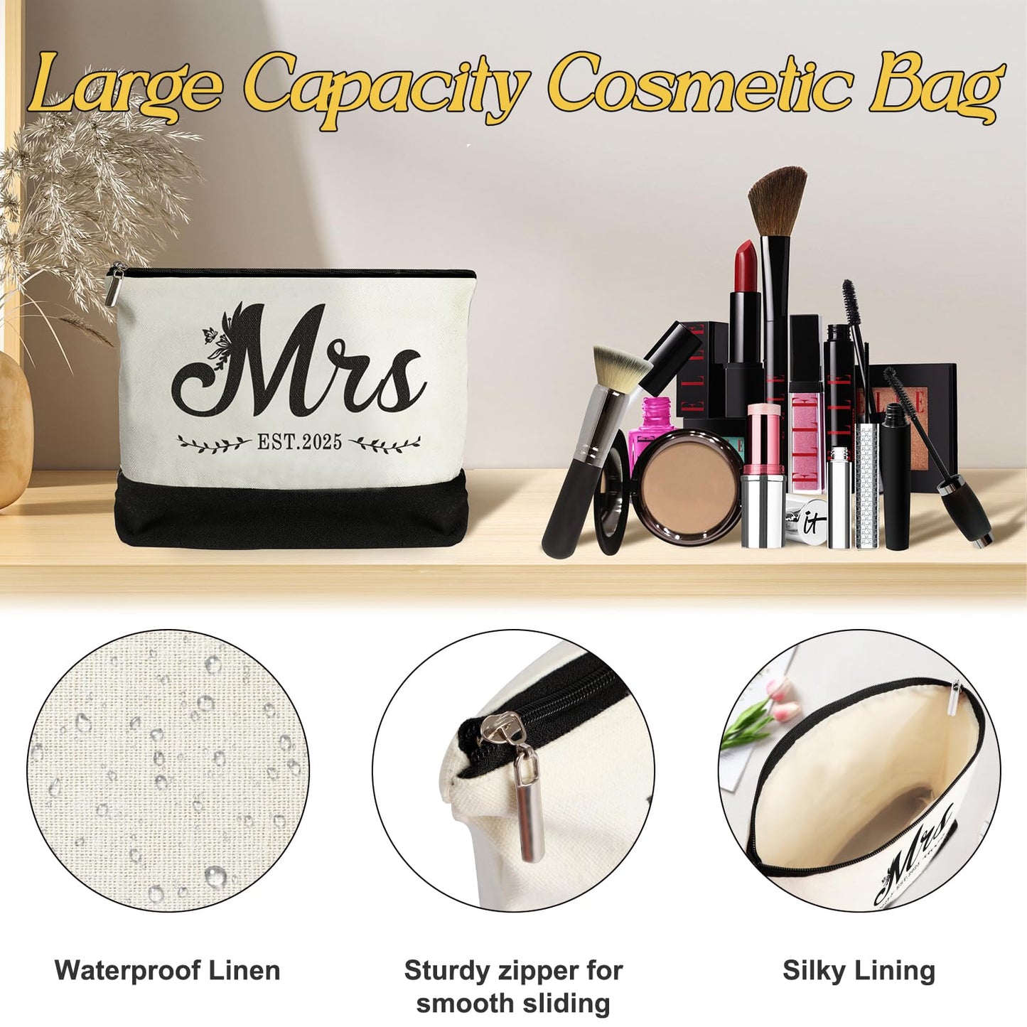 Vanqruo Mrs 2025 Bride Canvas Tote Bag with Makeup Bag, Wedding Gifts for Bridal Shower Bachelorette Party Engagement Honeymoon, Miss to Mrs, Bride to Be Gifts