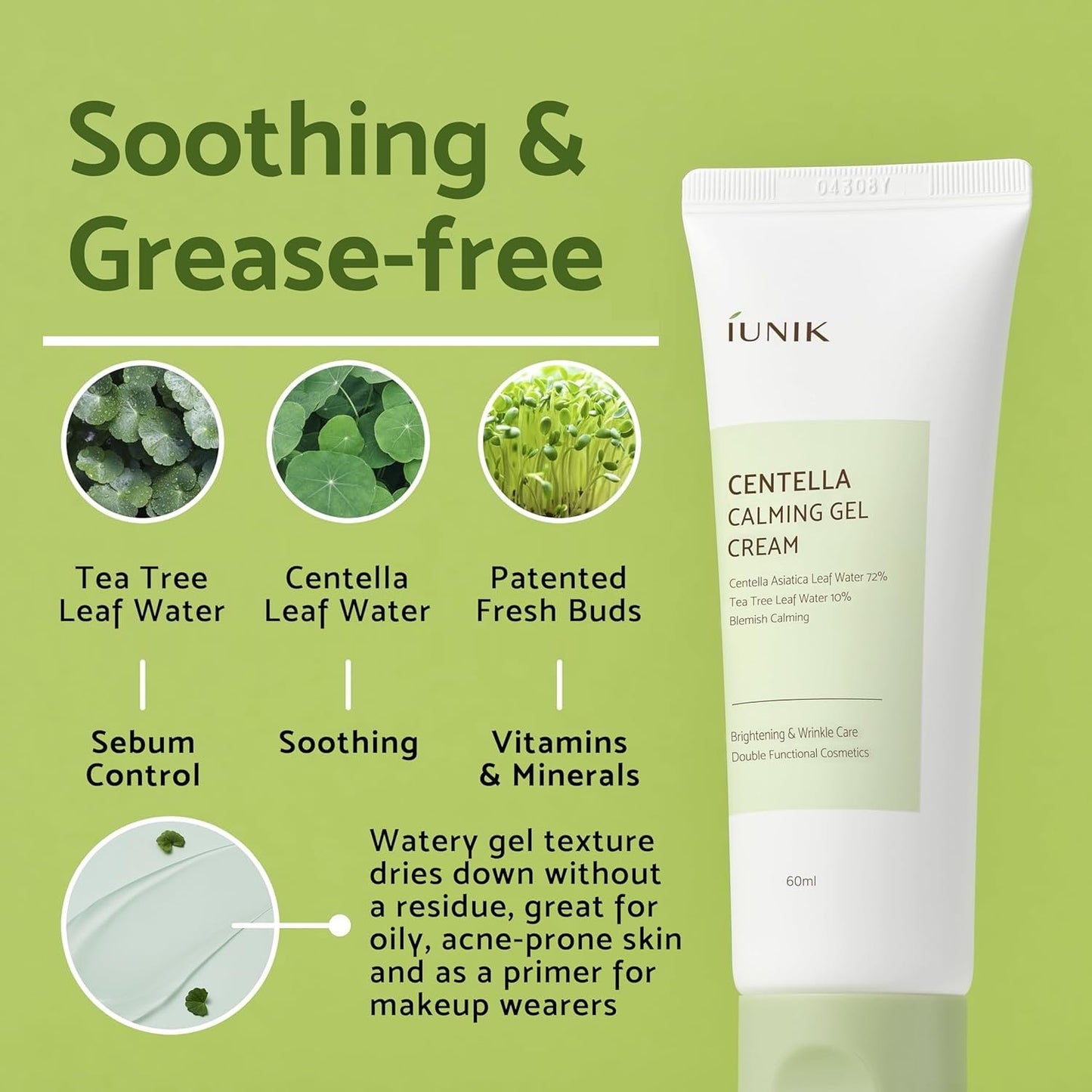 IUNIK Centella Calming Gel Cream Vegan Non-Sticky Moisturizing Blemish Care w/Centella Asiatica Tea Tree Soothes Acne Rosacea Oily & Sensitive Skin Korean Skincare