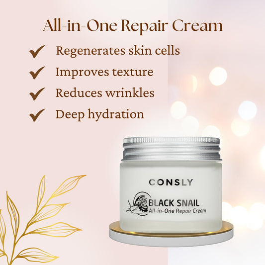 CONSLY_Black Snail All-In-One Repair Cream | Regenerating Moisturizer | Reduces Wrinkles | Improves Texture | Deeply Hydrating | For All Skin Types | 70ml
