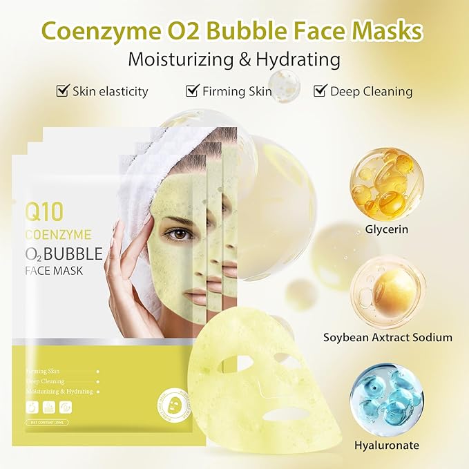 10 Sheets Coenzyme Q10 O2 Bubble Masks for Face, Bubble Face Mask Skincare for All Skin Types, Deep Cleansing Moisturizing Facial Mask Skin Care for Pores, Firming, Purifying, Sheet Masks for Spa