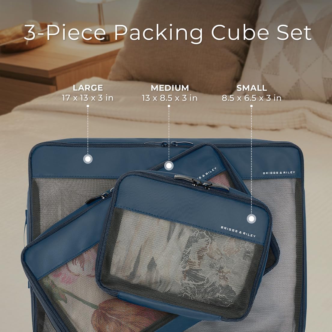 Briggs & Riley Compression Packing Cube Set - Bag Organizer for Check In Suitcase & Luggage, For Women & Men, Pack Accessories for Vacation - Travel Must Haves, 3-Piece, Navy