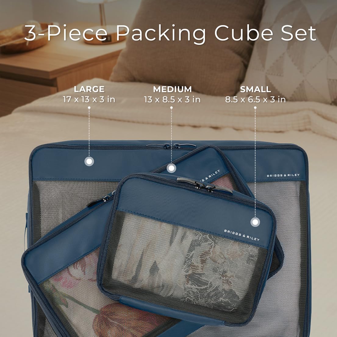 Briggs & Riley Compression Packing Cube Set - Bag Organizer for Check In Suitcase & Luggage, For Women & Men, Pack Accessories for Vacation - Travel Must Haves, 3-Piece, Navy