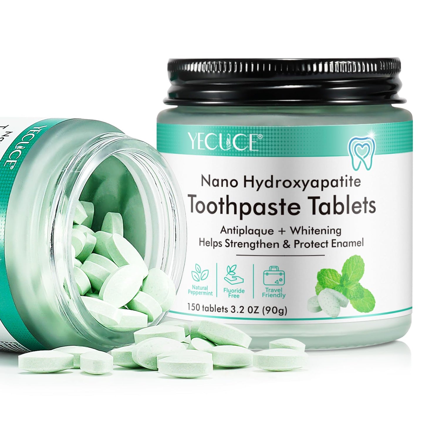 Toothpaste Tablets,150 Nano Hydroxyapatite Toothpaste Tablets, Chewable Xylitol Toothpaste Tablets, Fluoride-Free - Natural Whitening Remineralizing Travel-Friendly Eco Tabs, Peppermint
