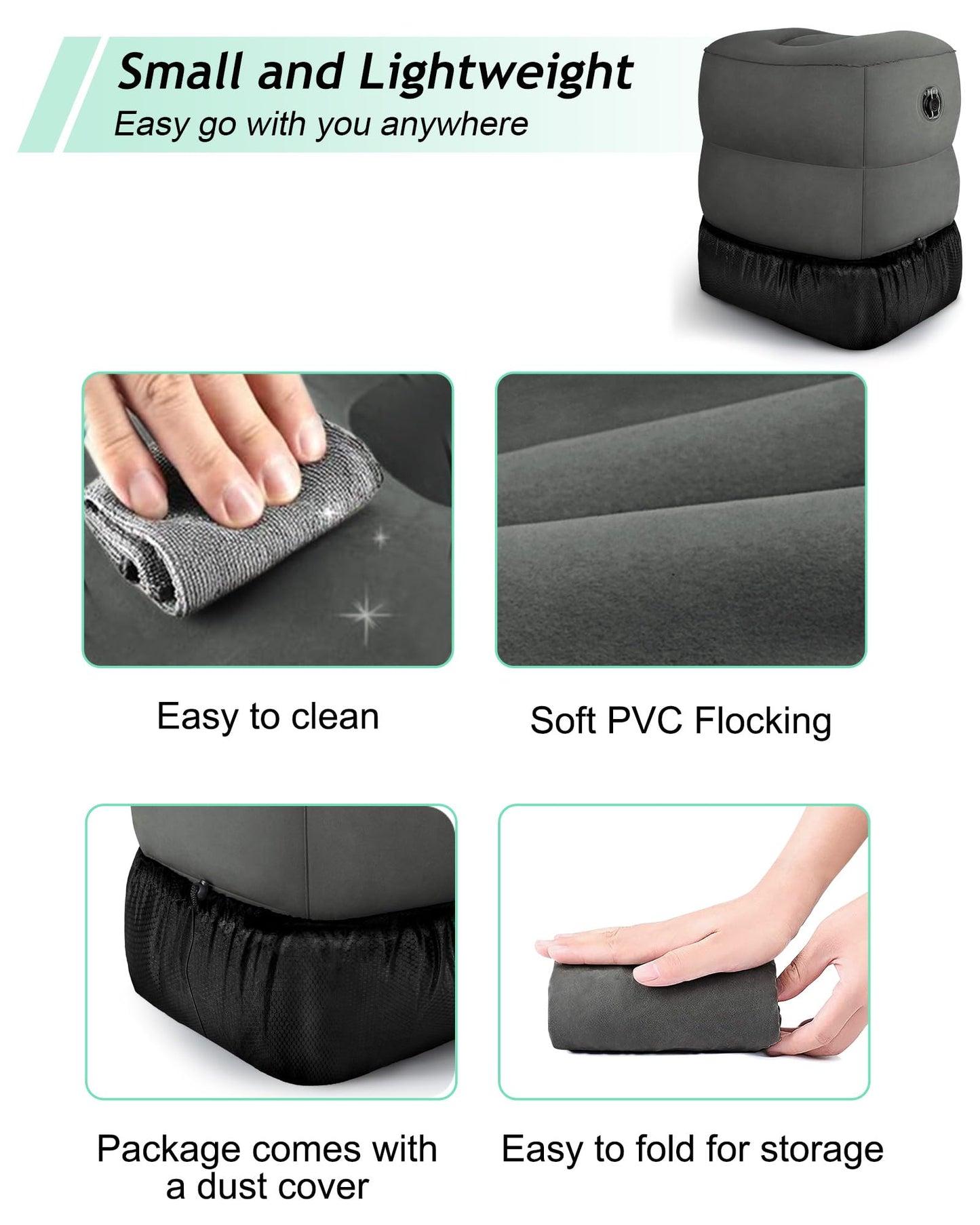 JefDiee Inflatable Travel Foot Rest Pillow, Kids Airplane Bed, Adjustable 3 Layers Height Leg Rest Pillow, Adults Travel Essentials Great for Airplane, Office, Home, Trains, Cars (2 Pack-Dark Grey)