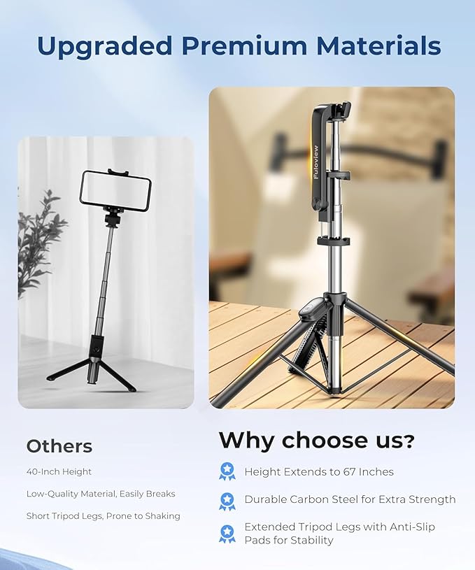 67‘’ Selfie Stick Travel Tripod, Extendable Tripod for iPhone with Wireless Remote Control and Phone Holder, iPhone Stand for Photograph, Compatible with All Cell Phones, Black