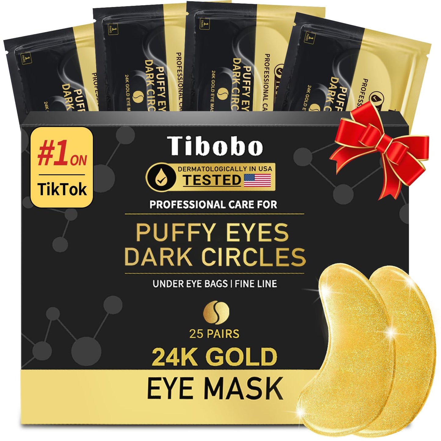 Tibobo Under Eye Patches (25 Pairs) - 24K Gold Eye Masks Enriched with Abundant Collagen | Diminish Dark Circles and Puffiness | Anti-Aging, Smooth Fine Line, Nourish Skin - Gifts for Women Skin Care