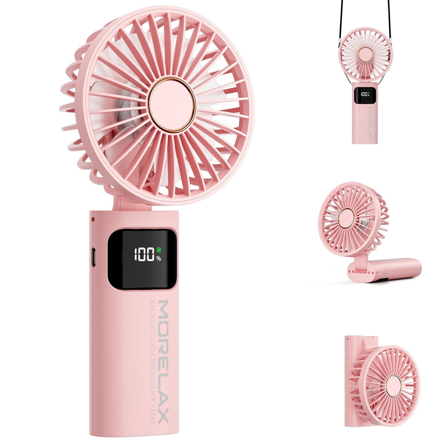 Portable Handheld Fan, USB Rechargeable Foldable Mini Personal Fan, 5200mAh, 180 Adjustable, 6 Speed Wind, 3 IN 1 Hand Cooling Desk Fan with LED Display for Home Office School Outdoor Travel, Pink