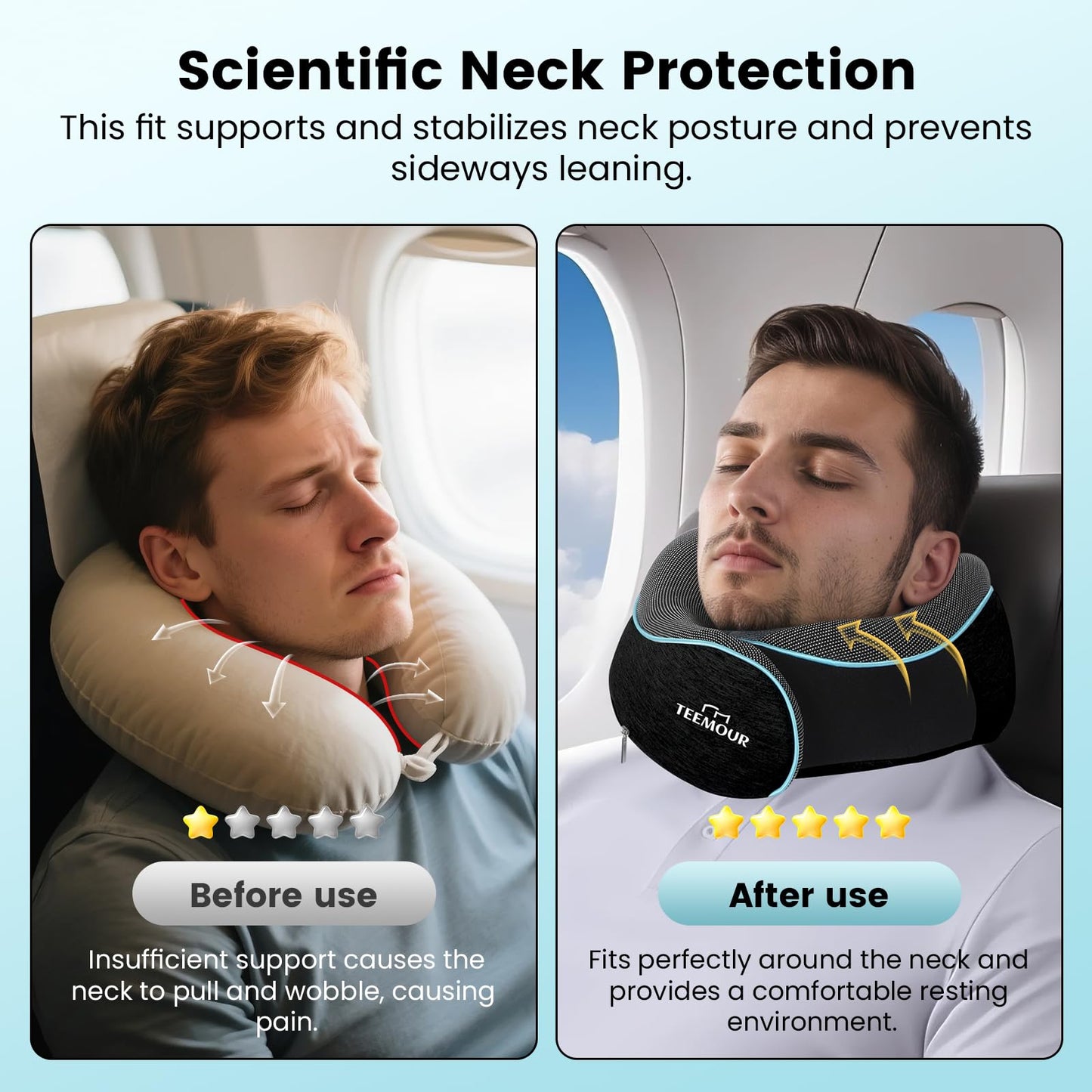 Upgraded Neck Pillow for Airplane Travel - 360° Support Stops Head Bobbing, Memory Foam Travel Pillow With Eye Mask & Earplugs, Portable Carry Bag for Long Flights/Car| Best Airplane Accessories Black