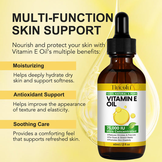 Tiuedu Natural Vitamin E Oil for Skin, 75,000 IU Ultra Concentrated Vitamin E Oil for Face, Hair and Scars, Moisturizing Dry Skin Oils, Promotes Skin Elasticity, 2Fl Oz