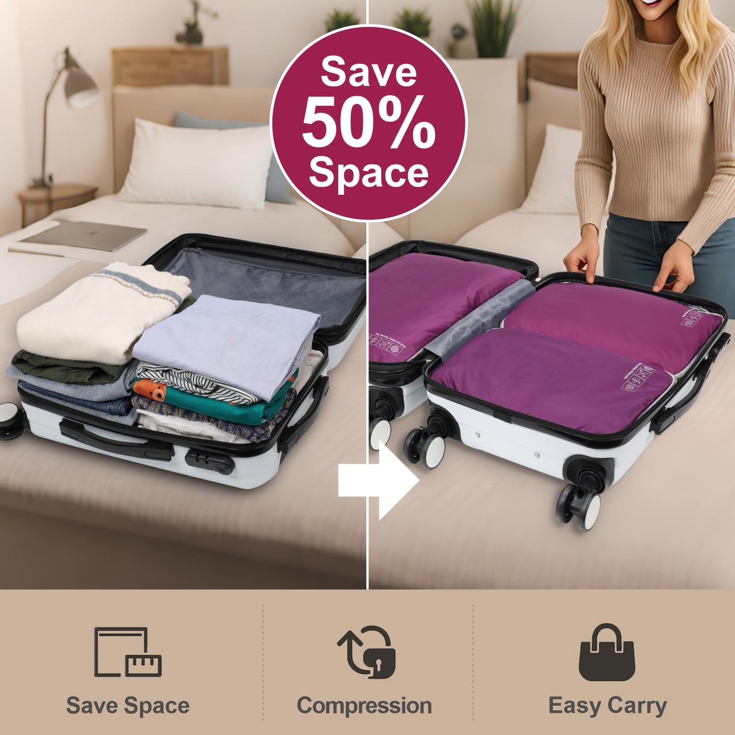 Cambond Compression Packing Cubes for Travel Women - 4 Pack Luggage Packing Organizers Vacation Travel Essentials Accessories Bags Compression Cubes for Carry on Suitcases, Purple