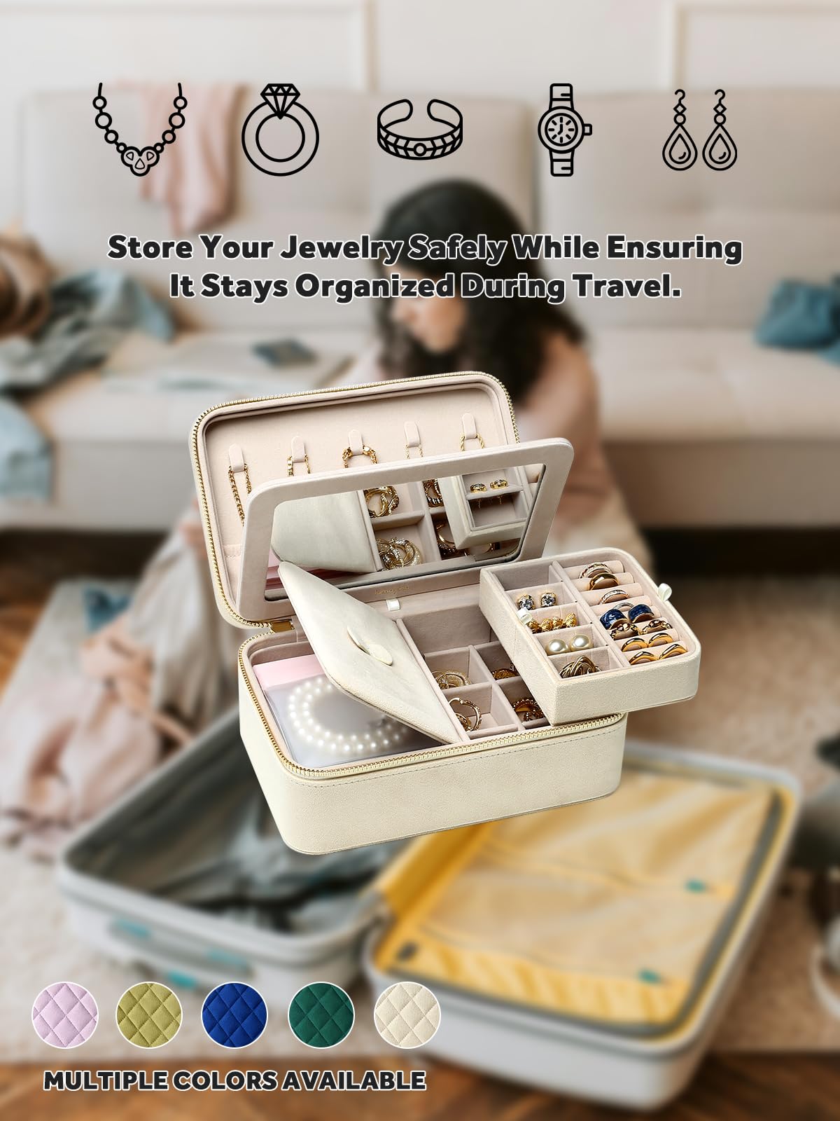 Lumayina Velvet Travel Jewelry Box with Large Mirror, Double-Layer Jewelry Organizer Case for Women and Girls, Portable Storage Case with 6 Anti-Tarnish Bags Gift Ready for Her (Beige)