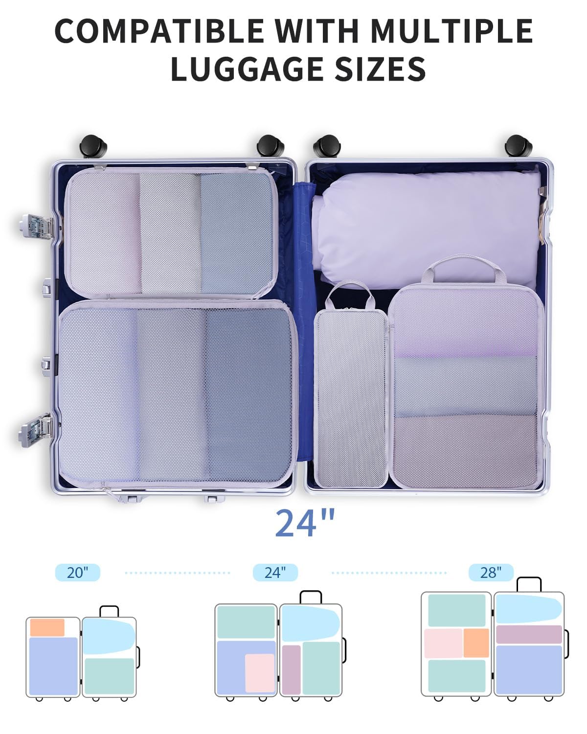 Ceneda 7 Set Compression Packing Cubes for Travel, Expandable Luggage Organizer with Shoe & Laundry Bags, Lightweight Suitcase Packing Cubes for Women & Family, Carry-On, Cruise, Vacation(Purple)