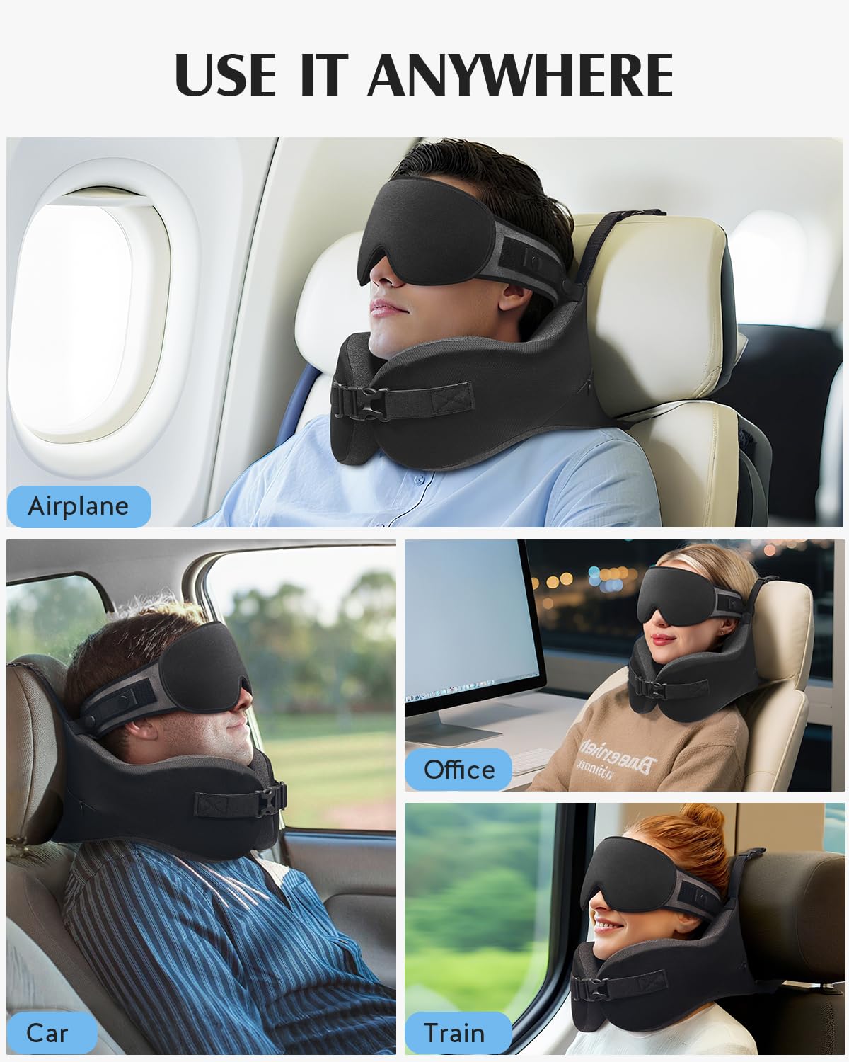 YFONG Travel Pillow for Long Flight Airplanes, Head Strap Combo with 3D Contoured Eye Mask for Sleep, Neck Pillow for Car Trip Essential, 360° Support Memory Foam Headrest, Prevent Head Bobbing, Black