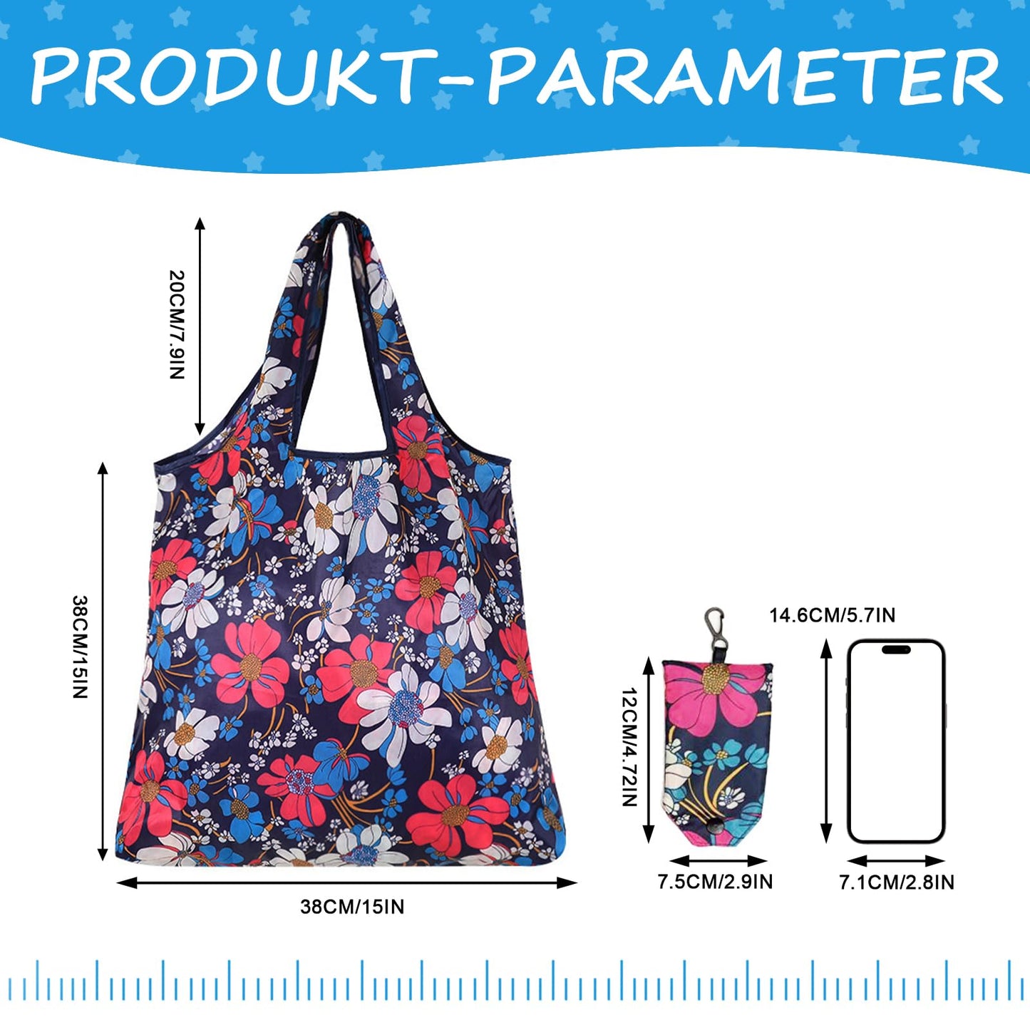 PENGJINYU 6 Pcs Reusable Shopping Bags Foldable,Grocery Bags in Pocket,Waterproof and Machine Washable,Eco-friendly Travel Recycle Polyester Tote Bags for Daily Shopping Supplies load