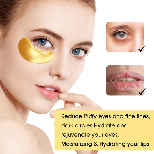 40 PCS Under Eye Patches and Gold Lip Mask 24K Gold Eye Mask for Puffy Eyes Collagen Lip Masks and Crystal Eye Mask Reducing Fine Lines for Women and Men