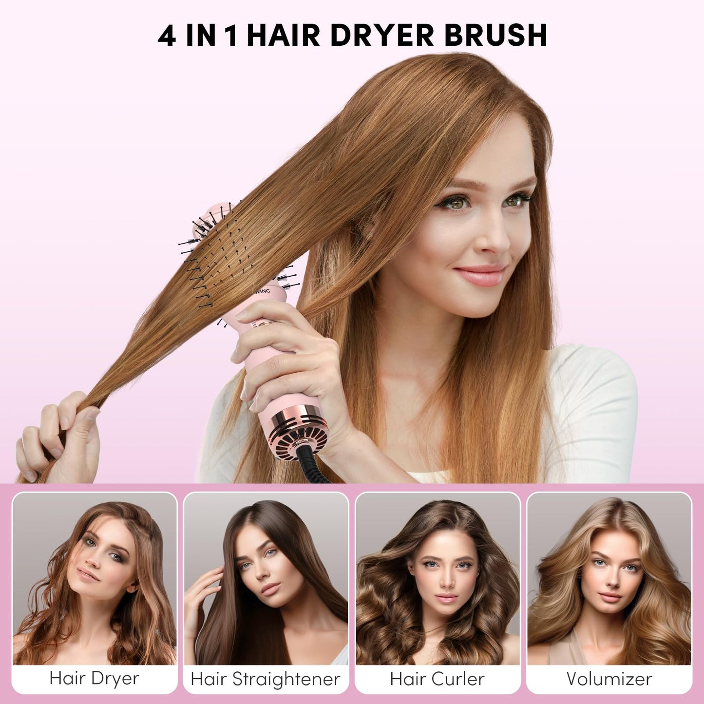 GLOBLWING Travel Dual Voltage Hair Dryer Brush Compact Mini Hot Air Brush with European Plug One Step Blow Dryer and Styler for Women, Oval Barrel 3 Heat & 2 Speed Settings