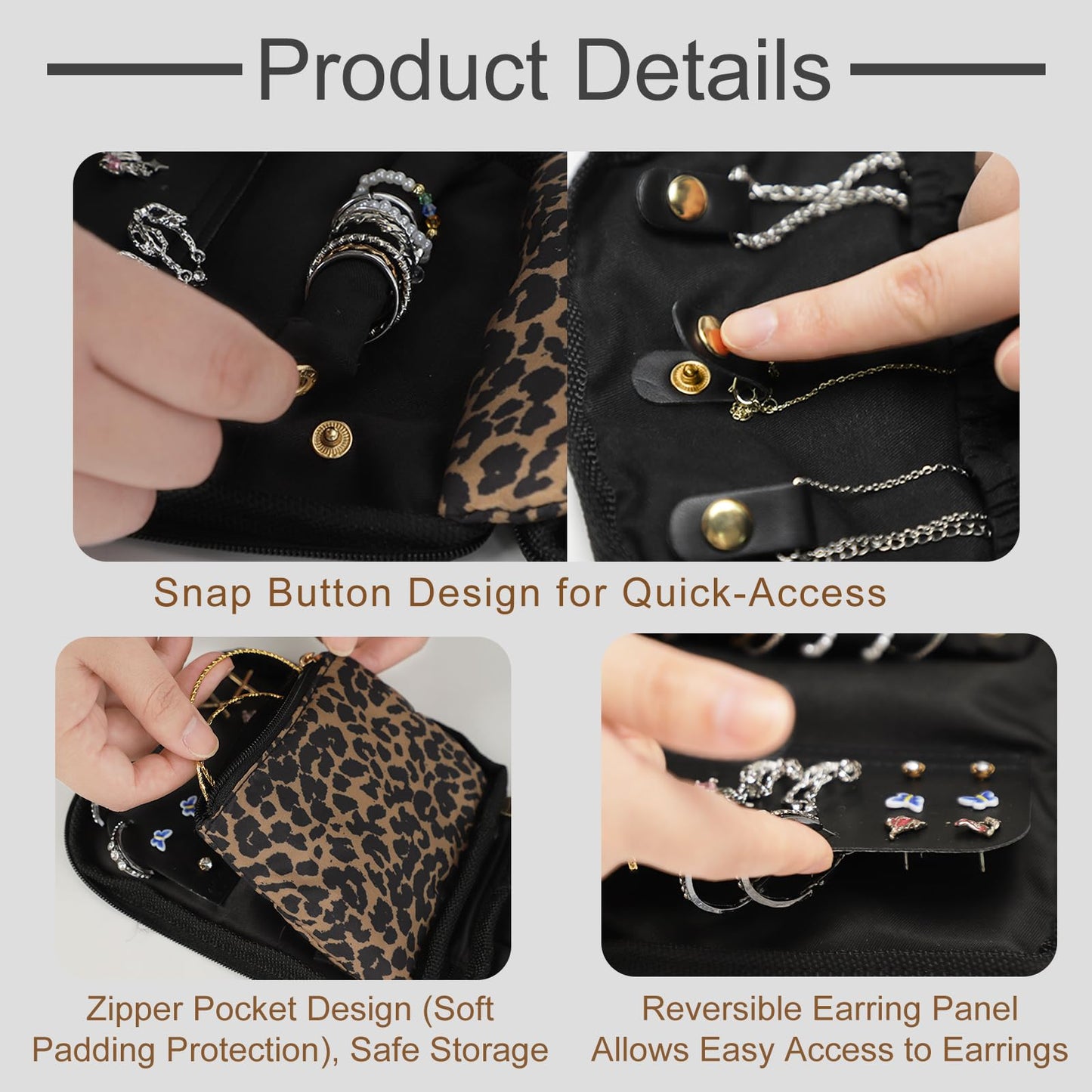 U+U Travel Jewelry Case for Women Portable Jewelry Travel Organizer for Journey-Rings, Necklaces, Earrings, Bracelets (Leopard)