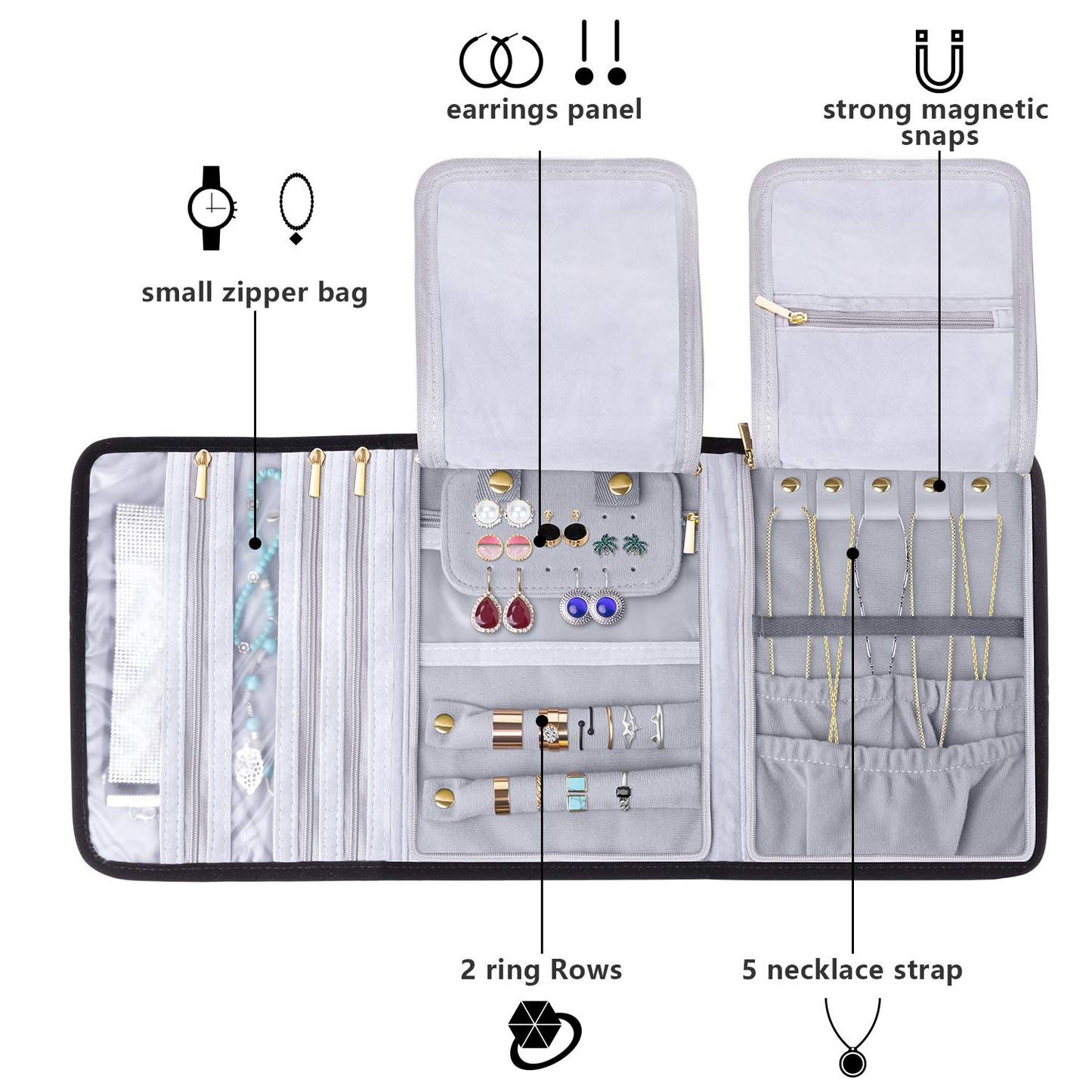 Teamoy Velvet Travel Jewelry Roll, Jewelry Storage Bag Organizer for Necklaces, Earrings, Bracelets, Rings, Brooches and More, Compact and Easy to Carry (Large, Velvet- Black)