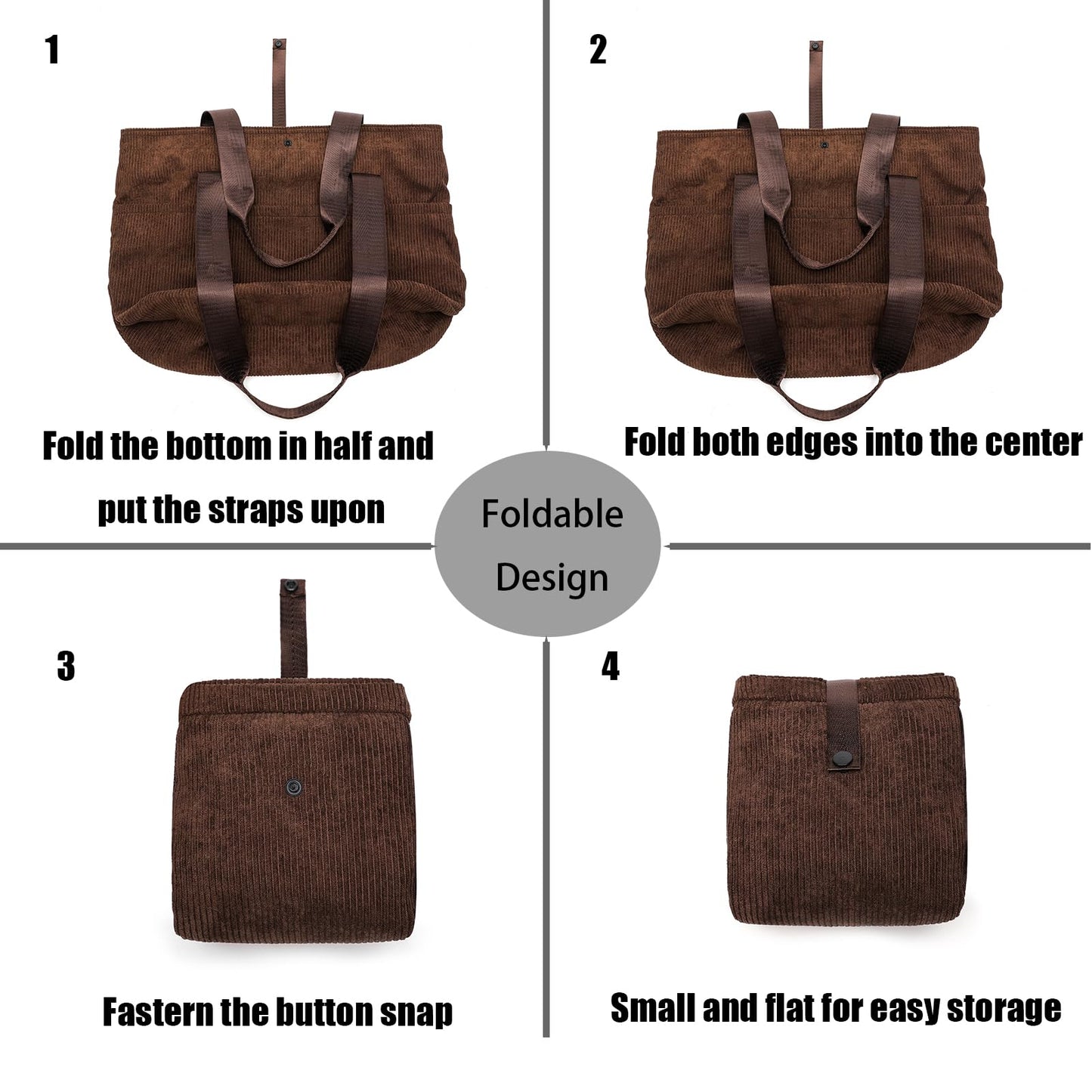 mcuvaec Corduroy Tote Bag for Women, Foldable Tote Bag With Zipper, Large Shoulder Bag, Purses and Handbags for Work Travel(Corduroy bag-Brown)