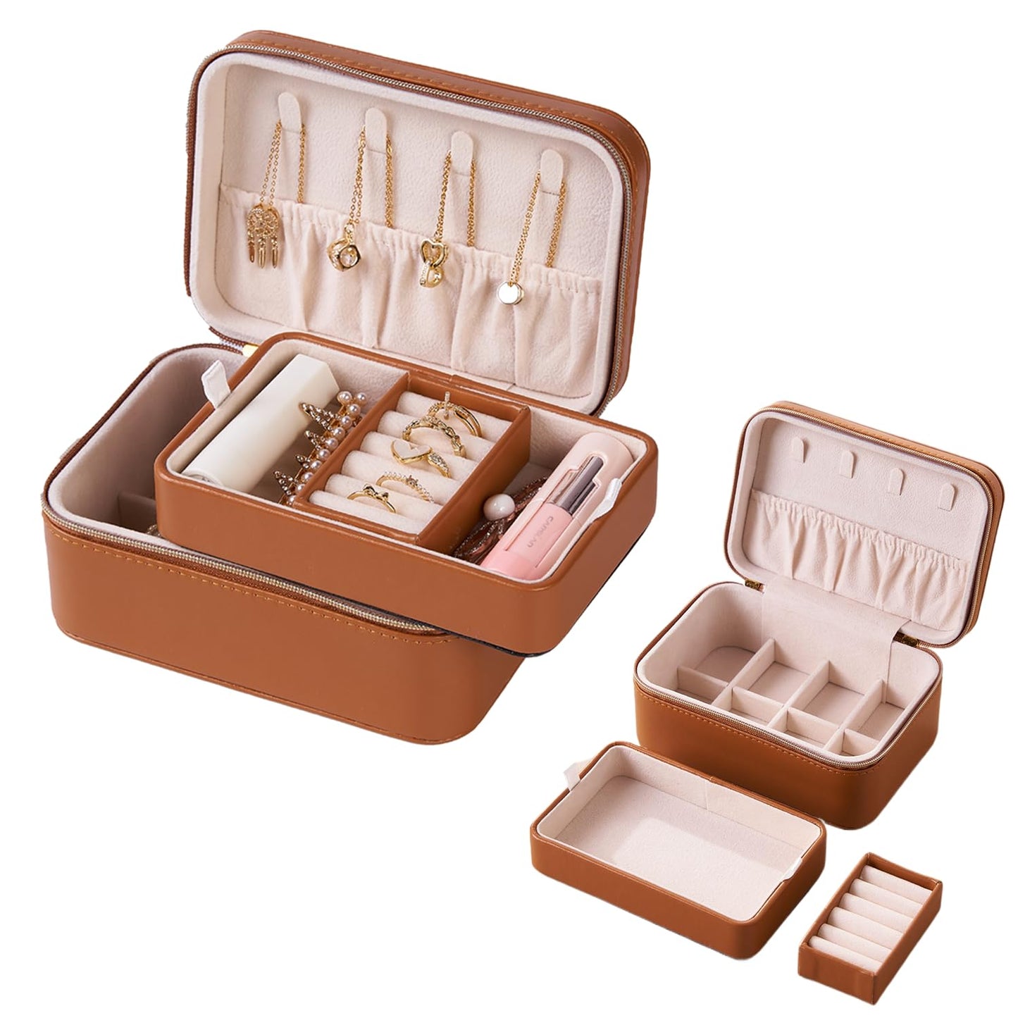 AYUOKER Brown Small Travel Jewelry Box,2 Layers PU Leather Travel Jewelry Box with Double Zippers, Portable Travel Jewelry Organizer for Necklace/Bracelet/Ring/Brooch