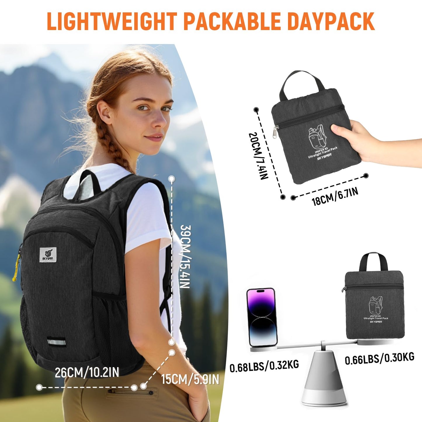 SKYSPER 10L Hiking Backpack, Foldable & Packable Lightweight Daypack for Travel, Collapsible Small Compact Hiking Backpack for Women & Men, Black
