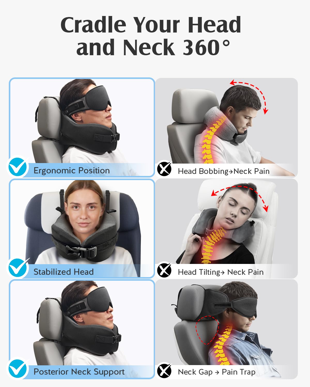 YFONG Travel Pillow for Long Flight Airplanes, Head Strap Combo with 3D Contoured Eye Mask for Sleep, Neck Pillow for Car Trip Essential, 360° Support Memory Foam Headrest, Prevent Head Bobbing, Black