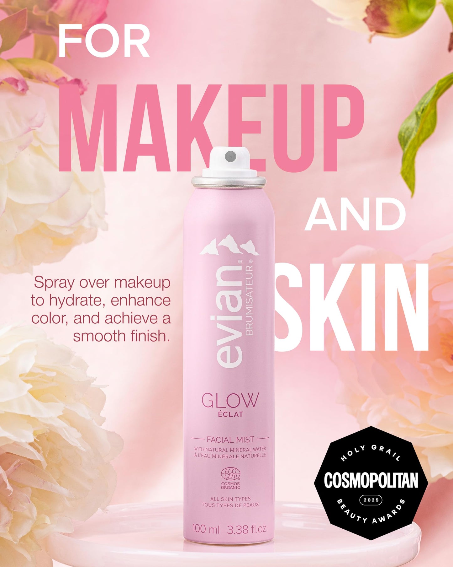 BRUMISATEUR Evian Glow Facial Mist | Hydrating Mineral Water Face Spray with Aloe & White Tea | Dewy Setting Mist & Toner for Glowing Skin | Facial Spray to Refresh, Balance, & Enhance Makeup