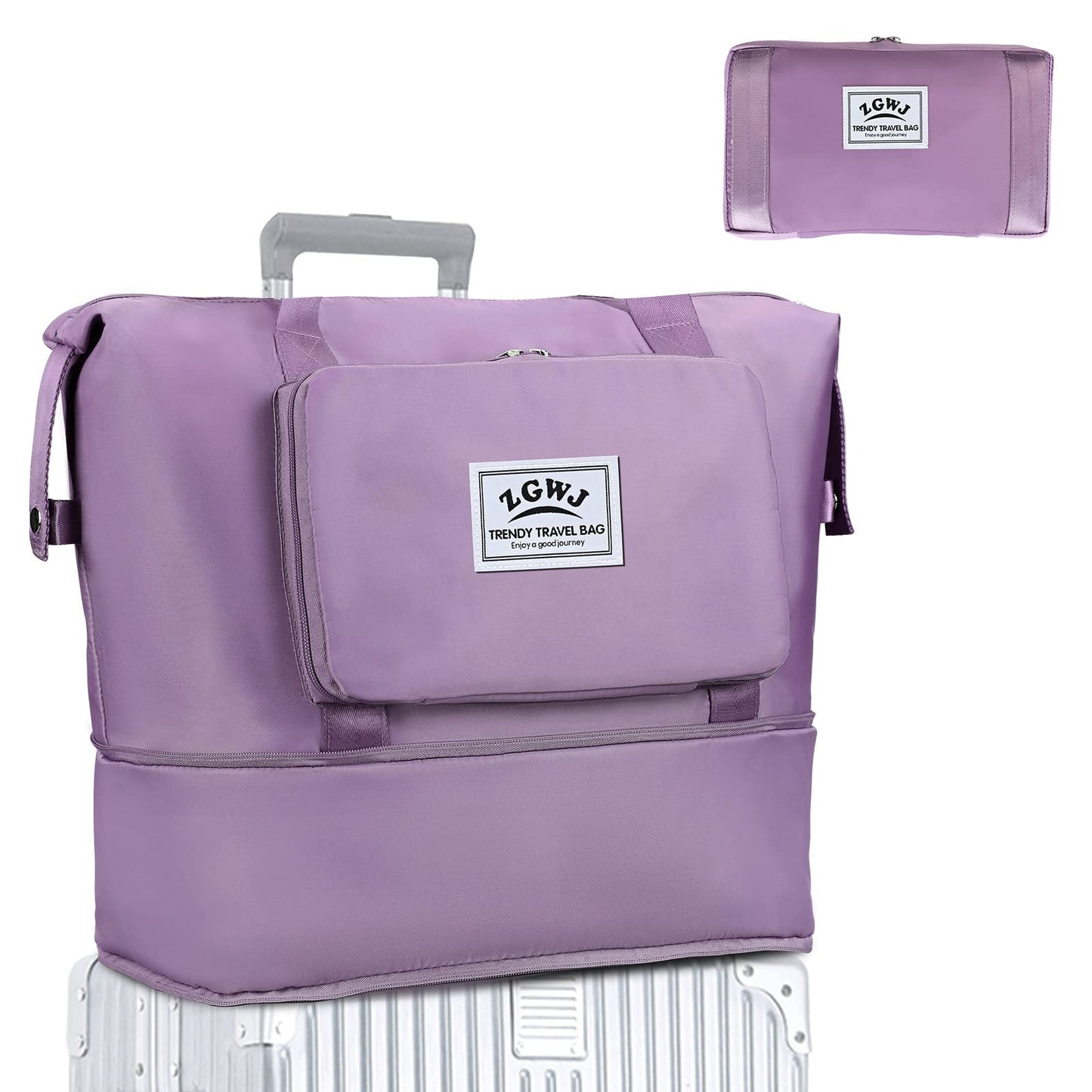 Expandable Travel Tote Bag for Women - Foldable Overnight Weekender, Carry-On, Hospital & Workout Bag - Fits Spirit Airlines Personal Item Size - Lightweight & Durable with Trolley Sleeve, Purple