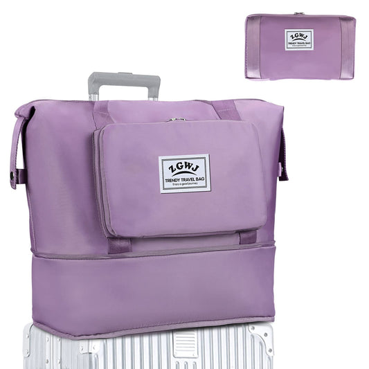 Expandable Travel Tote Bag for Women - Foldable Overnight Weekender, Carry-On, Hospital & Workout Bag - Fits Spirit Airlines Personal Item Size - Lightweight & Durable with Trolley Sleeve, Purple