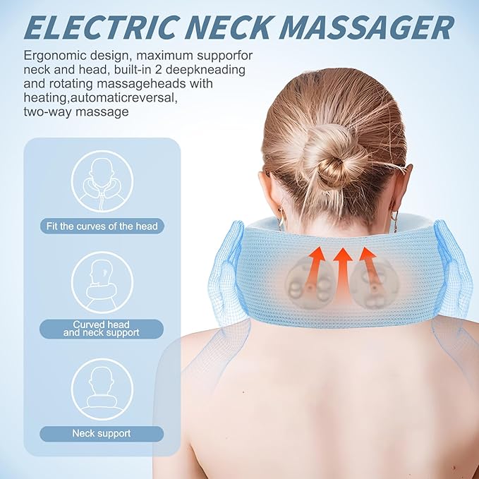 Electric Neck Massager,Portable Travel Pillow with Massage and Heat,Rechargeable Vibrating Neck Pillow Massager,Perfect for Pain Relief at Home, Office,Travel,Fathers Day Gift Ideas(Blue)
