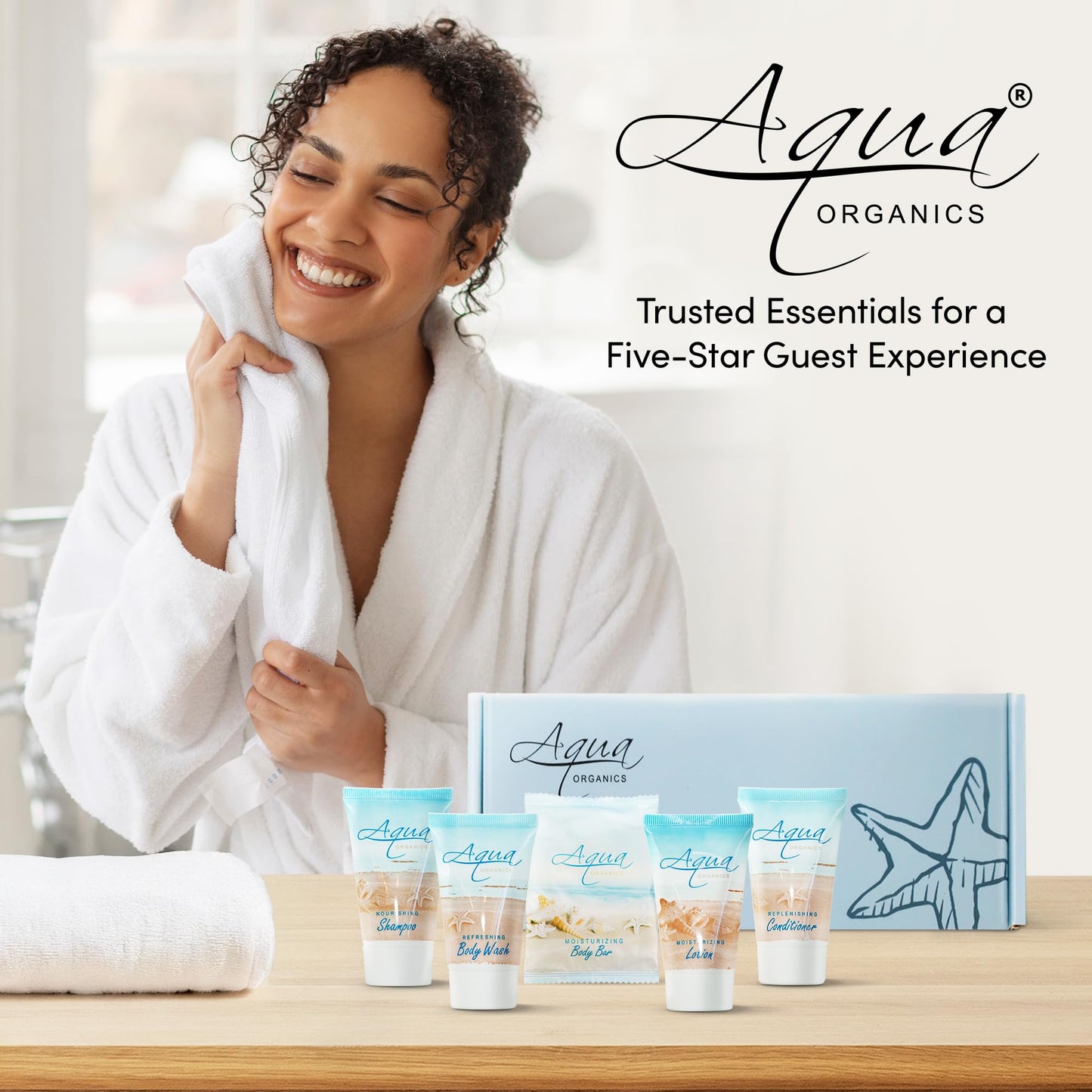 1-Shoppe Aqua Organics Amenity Kit | Boxed Hotel Toiletries Bulk Set | 1 oz Shampoo, Conditioner, Lotion, Body Wash & Bar Soap | 5 piece set