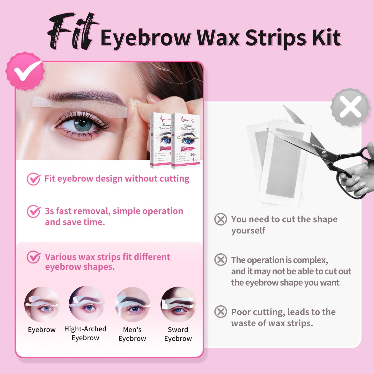 Beauty7 Wax Strips Kit for Sensitive Skin, Facial Hair Removal for Eyebrow, Lip, 24 Strips & 4 Calming Oil Wipes, At Home Waxing for Women