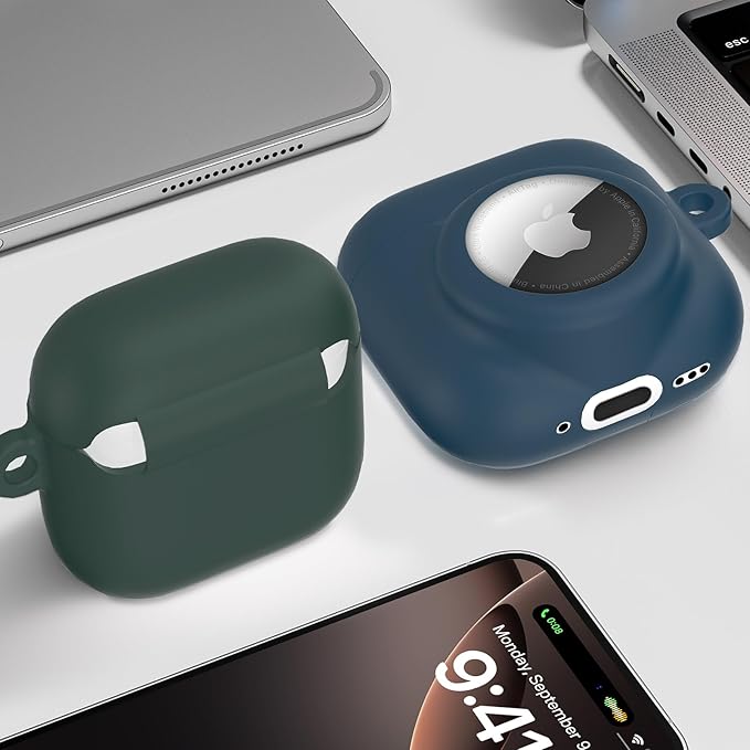 2 in 1 Silicone Case Compatible with AirPod 4 and AirTag, Shockproof Protective Skin Cover for AirPods 4th Generation with Cleaner Kit & Carabiner (Dark Green)