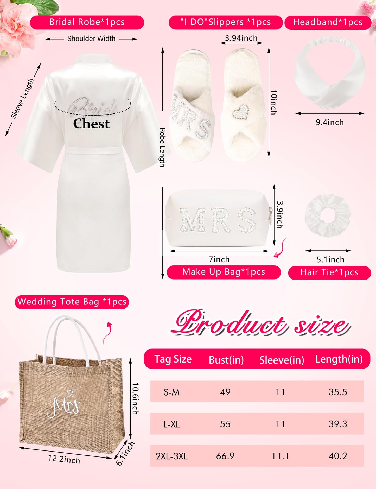 ALHAVONE 6 Pcs Women Bride Robe with Accessories for Bride Bachelorette Party Engagement Honeymoon Bridal Shower Gift (White, LXL)