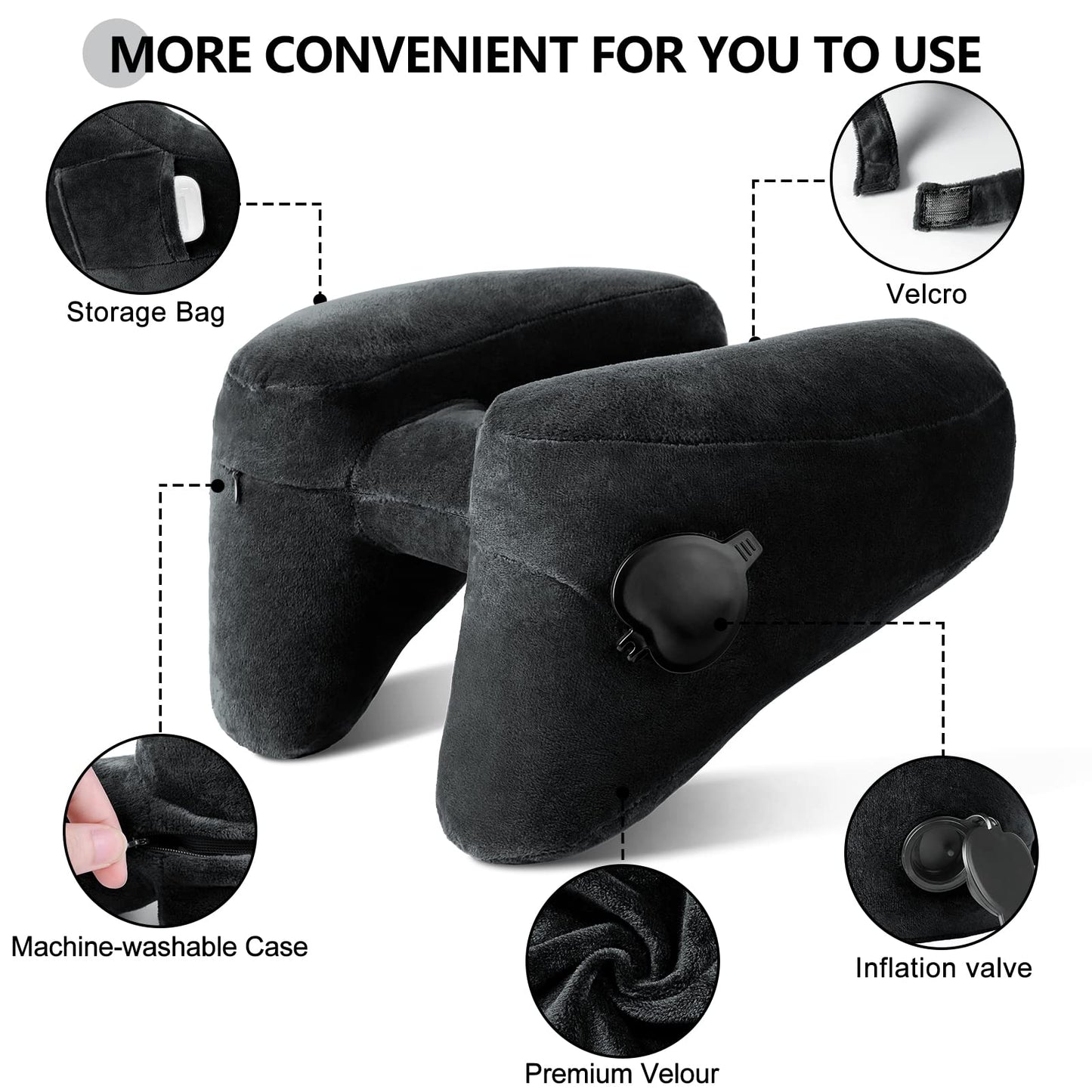 Sunany Neck Pillow for Travel Inflatable Airplane Pillow Comfortably Supports Head, Neck and Chin, Inflatable Travel Pillow with Soft Velour Cover and Portable Drawstring Bag (Black)